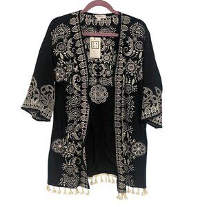 THML Maura Embroidered Black White‎ Boho Kimono NWT Size S